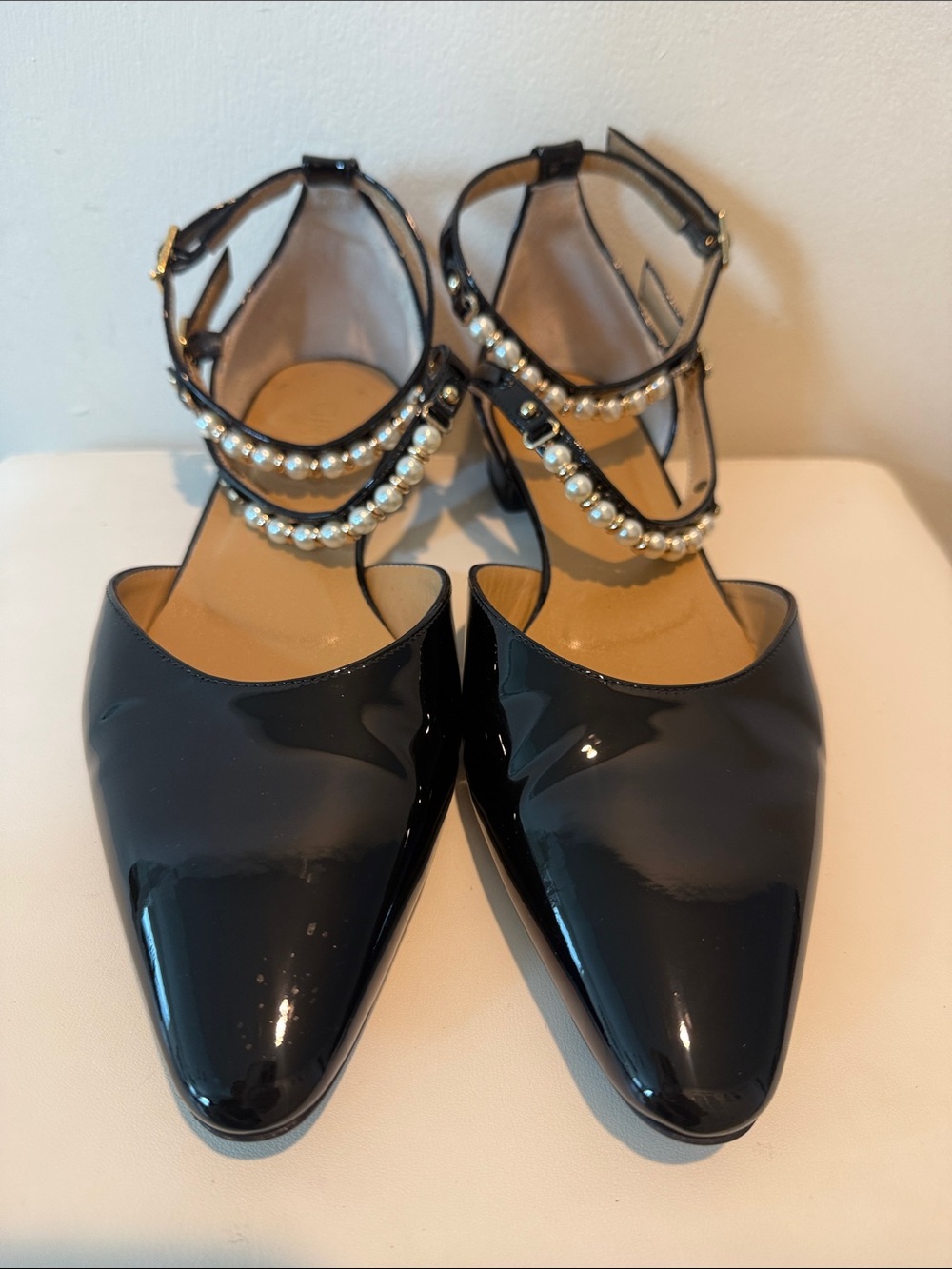 Girotti Made In Italy Black Patent Pearl-Strap Pointed Flats Size 40, US 9
